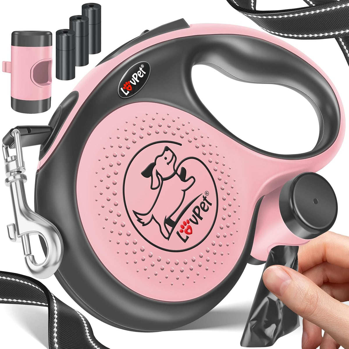 LOVPET Hondenrollijn, 3 m, hondenriem voor kleine en grote honden, 15 kg, uittrekbare lijn, ergonomische en antislip handgreep, jogginglijn, 360 graden lijnverlenging, looplijn, reflecterende mazen