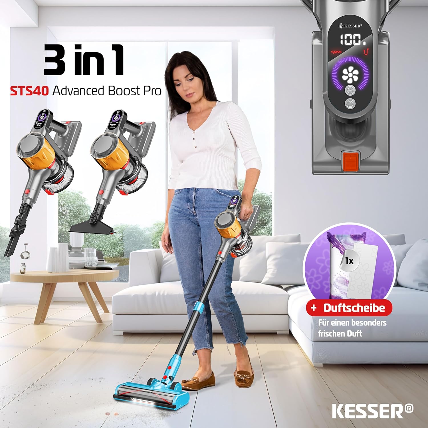 KESSER® Accustofzuiger draadloos tot 60 min. looptijd & stil | accustofzuiger met led-display, stofzuiger zonder zak, met anti-klit-vloerborstel voor harde vloeren, tapijt + geurschijf, HEPA-filter