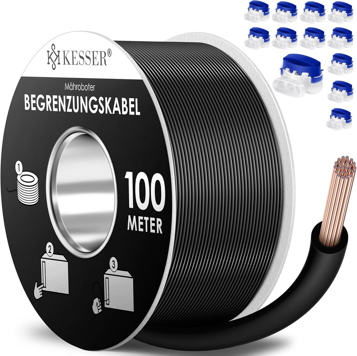 KESSER® Begrenzingskabel 100 m + 12 kabelconnectoren voor robotmaaier, grasmaaier, accessoireset, begrenzingsdraad, universeel voor zoekkabel, compatibel met Gardena/Bosch/Worx/Einhell/Honda/ROBOMOW