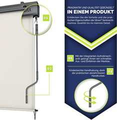 tillvex Verticale zonwering, 180 x 250 cm, voor buiten en binnen met regenhoes, buitenrolgordijn, waterdicht, met handslinger, voor balkon, terras en tuin, balkonrolgordijn, zonwering, beige