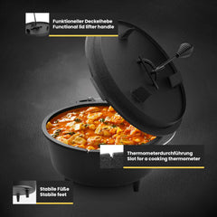 broil-master® Dutch Oven – deksellifter, pan, onderzetter, draaggreep, gietijzer, rond, voor camping, outdoor, vuurpan, ingebrande stoofpan, braadpan (pan met poten, 9,0 liter)