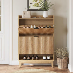 Tribesigns Schoenenkast Smal, schoenenrek met planken, 2 laden met klapbescherming, houten materiaal, schoenenkast voor entree, hal, woonkamer, 80 x 24 x 116 cm, bruin