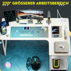 COMHOMA Gamingtafel met stopcontact, 130 x 80 cm, bureau, hoekbureau met USB-oplaadaansluiting en plank, computertafel, L-vorm, pc-tafel voor kantoor, thuiskantoor