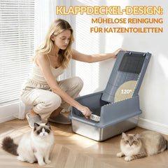 FPLB001SG2 Roestvrijstalen kattenbak met deksel, XXL, gesloten metalen kattenbak met schep en voettrede, uitneembaar, 120° klapdeksel, gemakkelijk te reinigen, donkergrijs