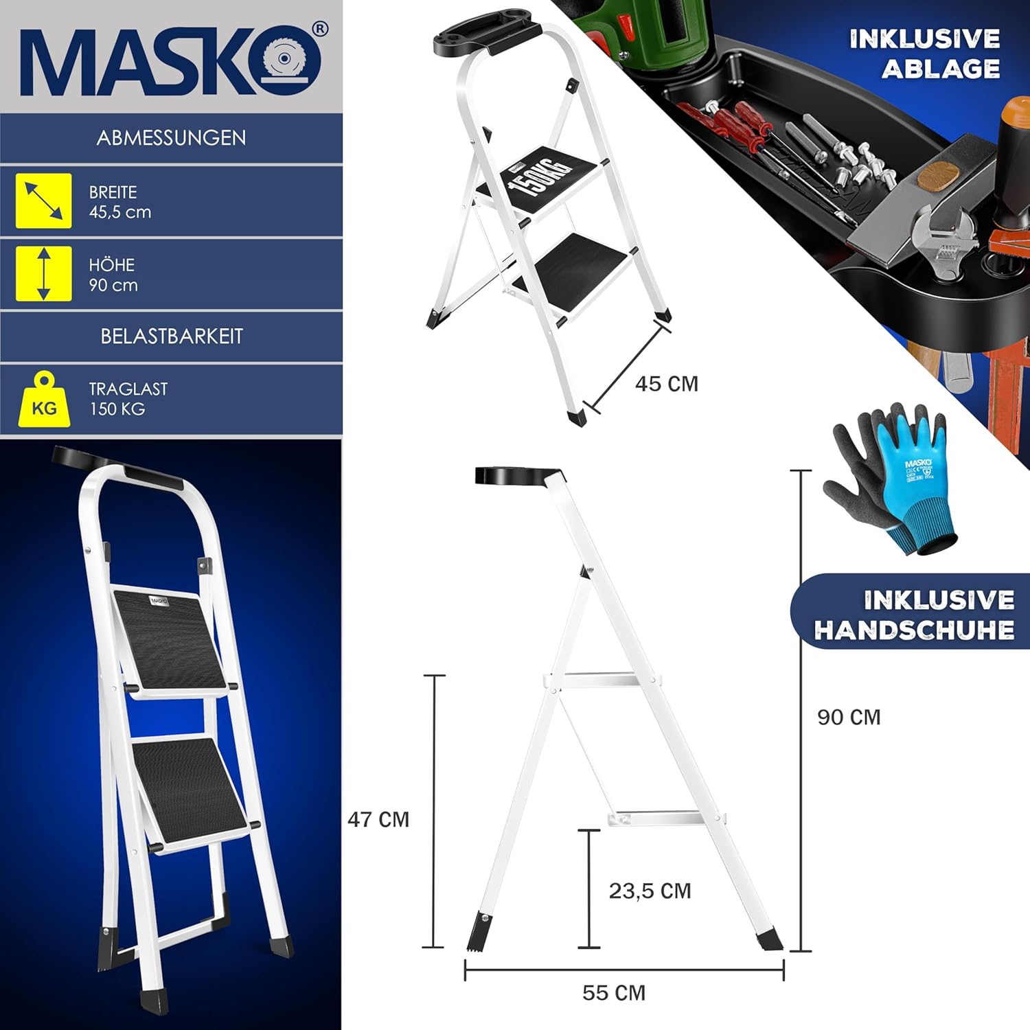 MASKO® Trapladder, vouwladder met 2 treden, belastbaar tot 150 kg, antislip, incl. handschoenen, gereedschapshouder en automatisch slot, wit