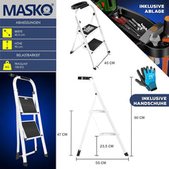 MASKO® Trapladder, vouwladder met 2 treden, belastbaar tot 150 kg, antislip, incl. handschoenen, gereedschapshouder en automatisch slot, wit