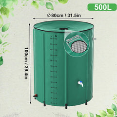 Opvouwbare regenton met schaalverdeling, 500L regenton van mat PVC zeildoek, draagbare watertank met afvoer, vat met deksel, ijsbadvat, IBC-tank regenton accessoires voor de tuin, groen