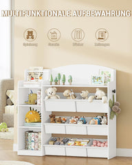 Hzuaneri KB42003W Kinderrek, houten boekenrek, speelgoedrek met 8 stoffen laden, voor kinderkamer, woonkamer, werkkamer, wit, 30 x 110 x 104 cm