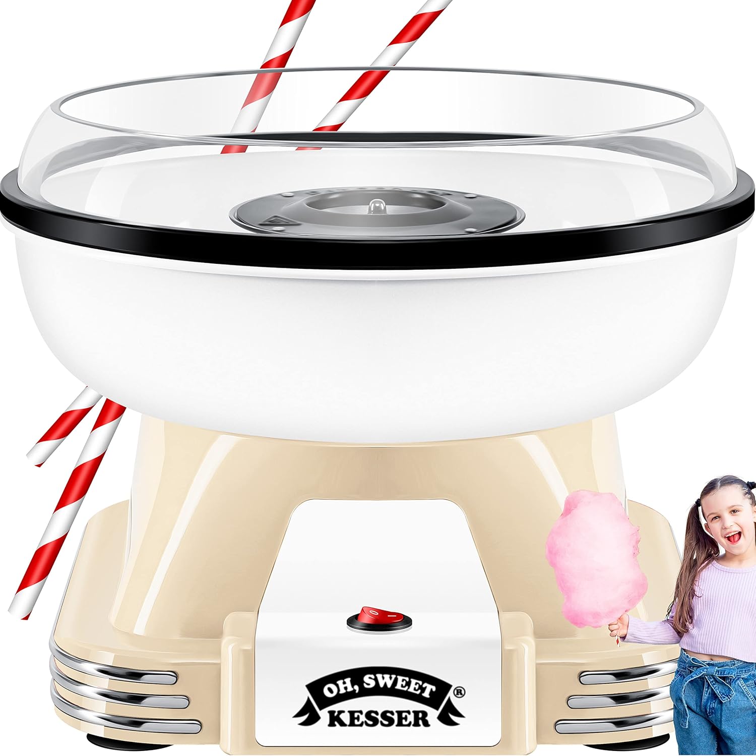 KESSER® Suikerspinmachine set voor je huis, met 30 x suikerspinstaafjes en maatlepels, retro katoenen snoepmachine, suikerspinmachine met accessoires, hoogte 22 cm, 500 W, crèmewit
