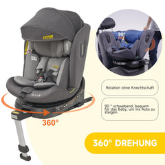 Jovikids 360° draaibaar kinderzitje met ISOFIX, i-size 40-150 cm (vanaf geboorte -12 jaar), babyautostoeltje, reboarder met ligfunctie en afneembare luifel, ECE R129 (grijs)