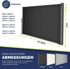 tillvex® Zijluifel uittrekbaar en ondoorzichtig, inkijkbescherming voor balkon, tuin en terras, zijrolgordijn met wandhouder, zonwering van roestvrij staal, luifel (antraciet, 160 x 400 cm)