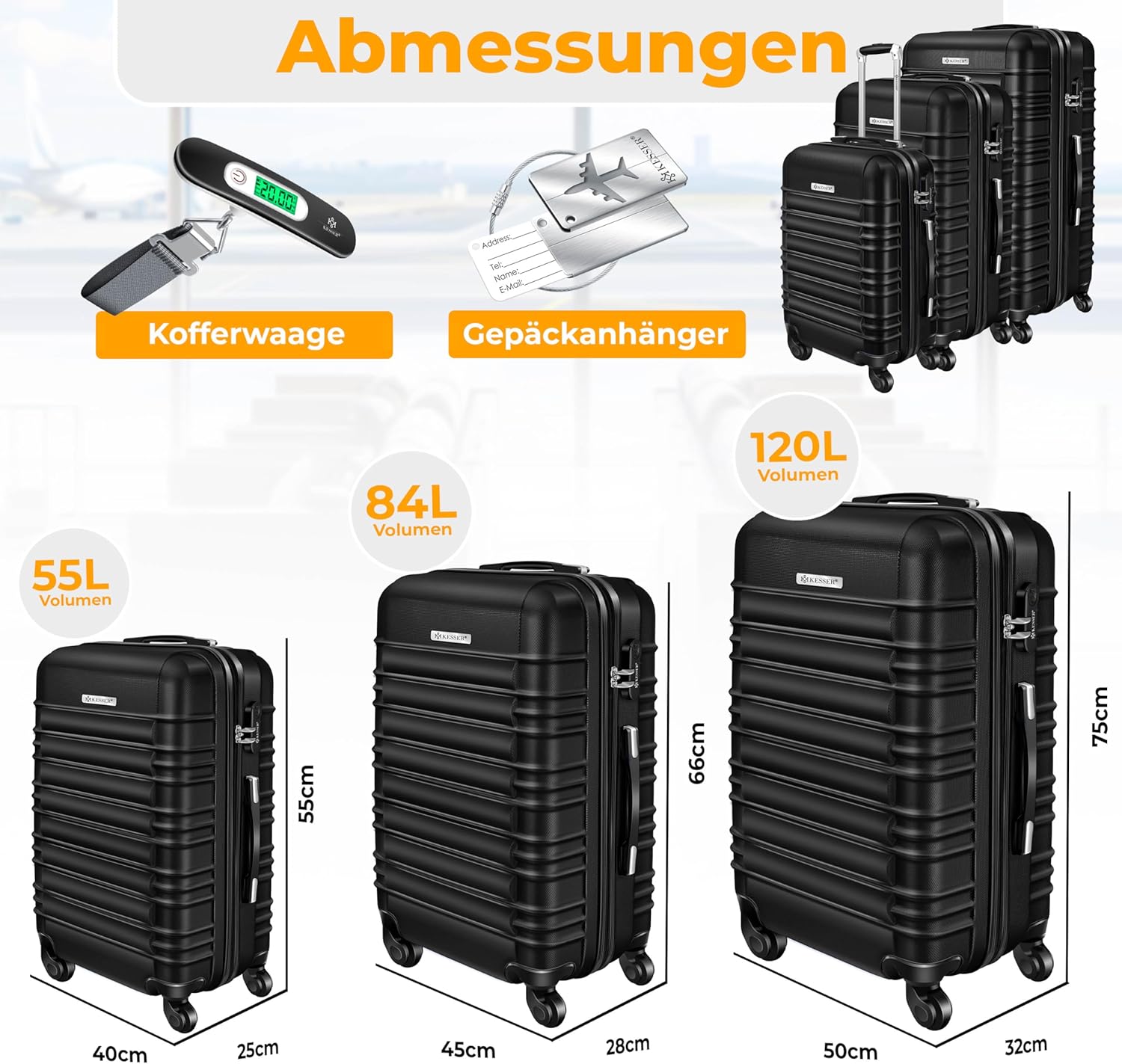 Kofferset - 3 delig - Trolley - Reiskofferset - Zwart - KESSER®