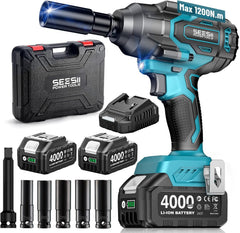 Seesii 1200 Nm accu-slagschroevendraaier, 1/2 inch borstelloos met 21 V 2 x 4,0 Ah accu, hoog koppel slagschroevendraaier, accu & 5 sokkels en koffer voor schroef en moer, auto, vrachtwagen
