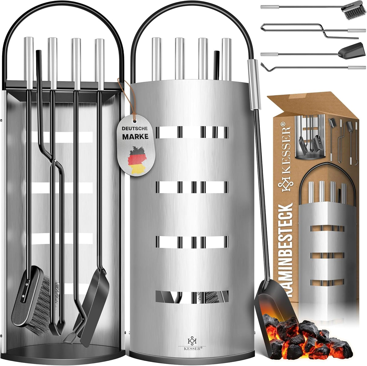 KESSER® Haardaccessoires, 5-delige haardbestek, modern design, gecoat, hoogwaardig haardgarnituur uit 5 delen: bezem, schep, pookhaak, tang, standaard met zichtbescherming, roestvrij staal, zilver