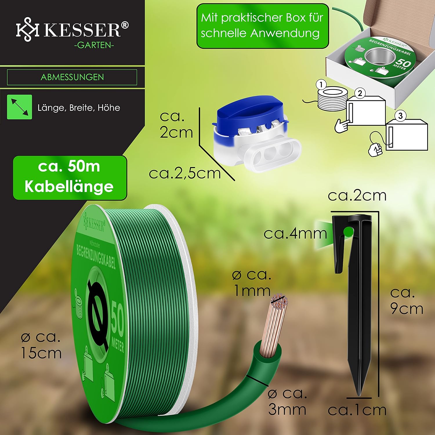 KESSER® Begrenzingskabel 50 m + 200 grondpennen + 12 kabelconnectoren voor robotmaaier, accessoireset, begrenzingsdraad, universeel compatibel met Gardena/Bosch/Worx/Honda/ROBOMOW