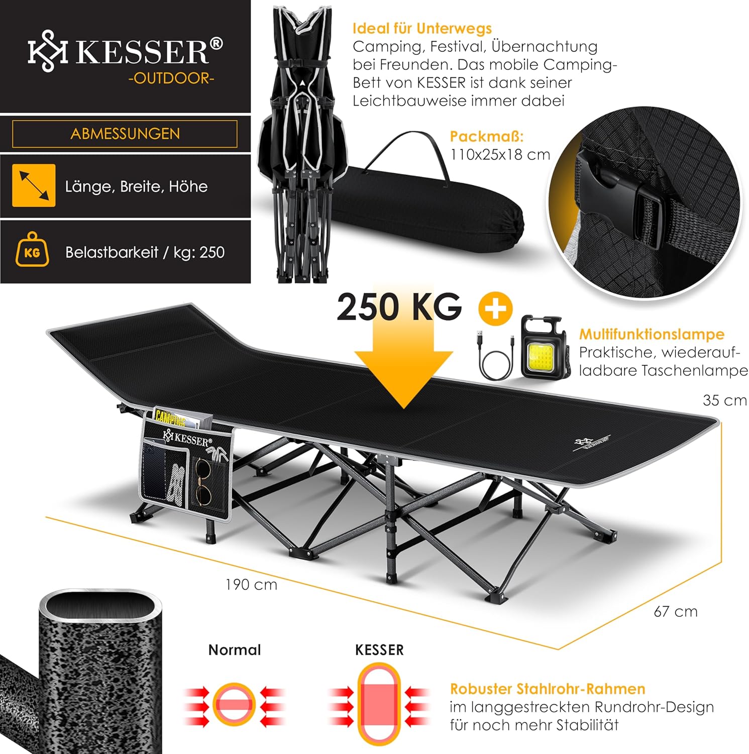 Veldbed - 1 Persoons - Kampeerbed - Stretcher - Zwart - KESSER®
