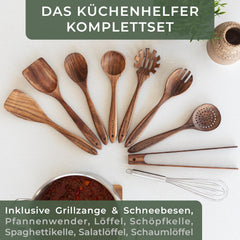 WALDWERK Keukenhulpset van hout - 9-delig met grilltang, garde, spatel, lepel en pastaschepper - kookgerei
