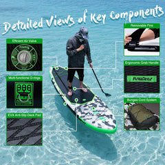 FunWater SUP-board, opblaasbaar stand-up paddleboard voor alle vaardigheidsniveaus, ideaal voor beginners en gezinnen, met antislip EVA-dek, peddel, pomp en complete accessoires, groen/zwart