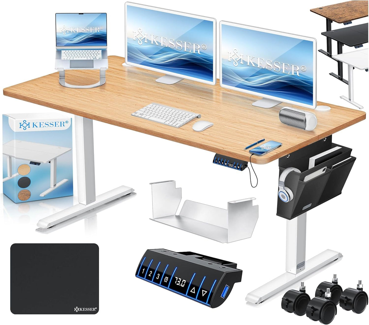 KESSER® In hoogte verstelbaar bureau elektrisch 160 cm x 70 cm | Ergonomisch sta-zit-bureau | 3-functie-geheugenbesturing | Incl. 360° wielen & USB-oplaadpoort computertafel voor thuiskantoor, wit