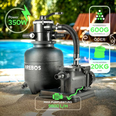 Arebos Zandfilterinstallatie met pomp incl. 600 g filterballen | 350 W | 9500 l/h | tankvolume tot 20 kg zand | 7-wegventiel met handgreep | met drukmanometer | zwembadfilter | zwart