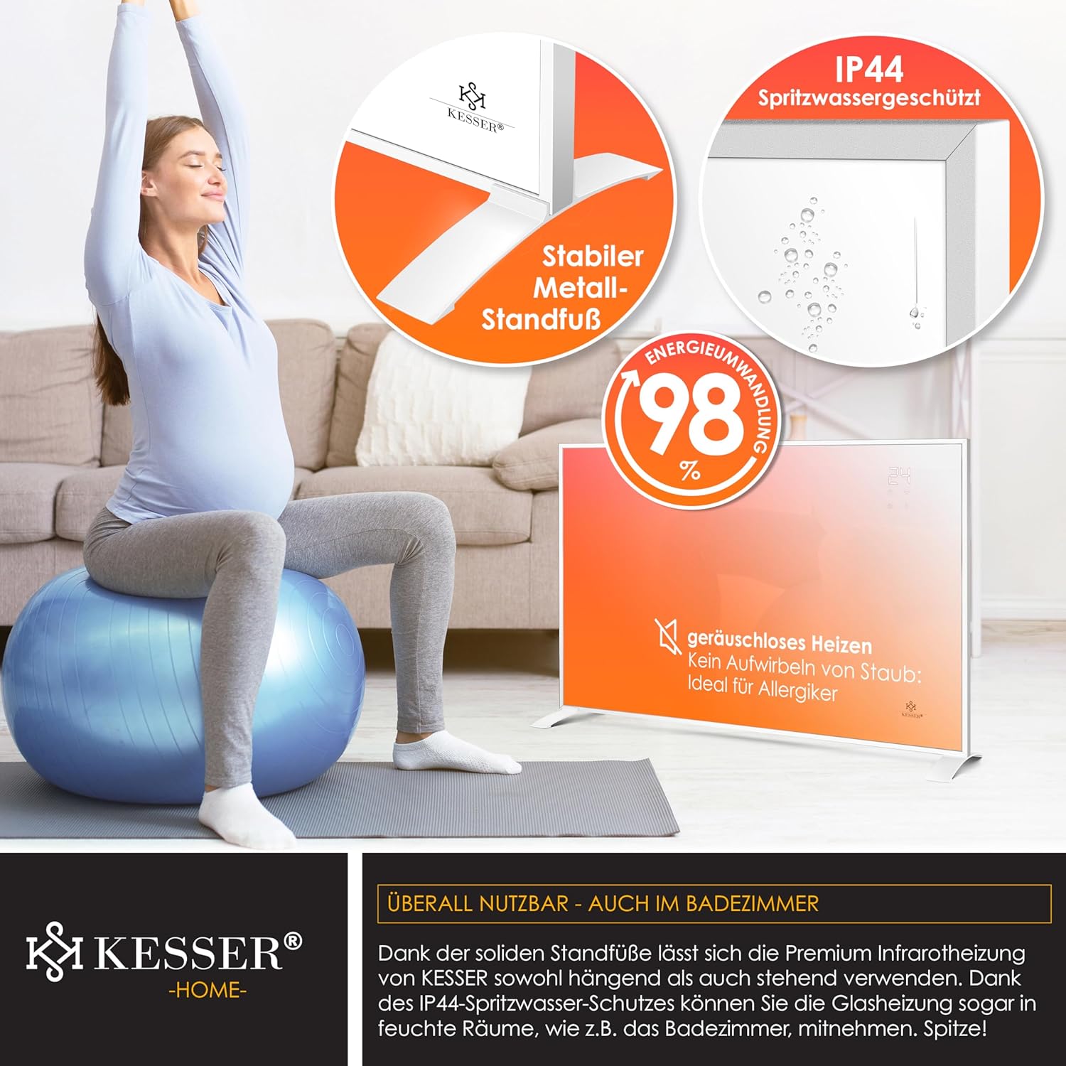 KESSER® Infraroodverwarming, energiebesparend, infrarood staand apparaat en wandmontage, elektrische verwarming, 540 W, met afstandsbediening, thermostaat en app-bediening, elektrisch
