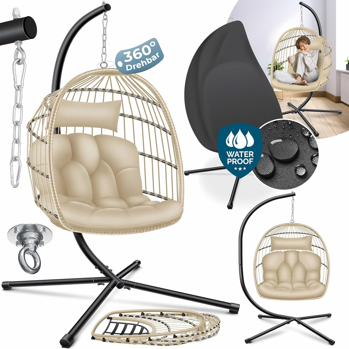 Egg Hangstoel - Binnen en buiten - Tot 150kg - Beige - KESSER®