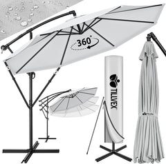tillvex Aluminium parasol + afdekking Ø 300 cm met zwengel, zweefparasol met standaard en windscherm, tuinparasol, uv-bescherming aluminium, zwengelparasol, marktparasol, waterdicht, 360 graden, grijs