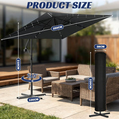 Zweefparasol - Tuinparasol - Parasol 350 cm - Met voet - Met Parasolhoes - Grijs/Zwart - Verdego