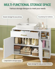 Hzuaneri BC28813G Wastafelkast, badkamerkast, 1 lade, 2 kastdeuren, open vak met 3 niveaus, verstelbare plank, wit, 30 x 80 x 64 cm