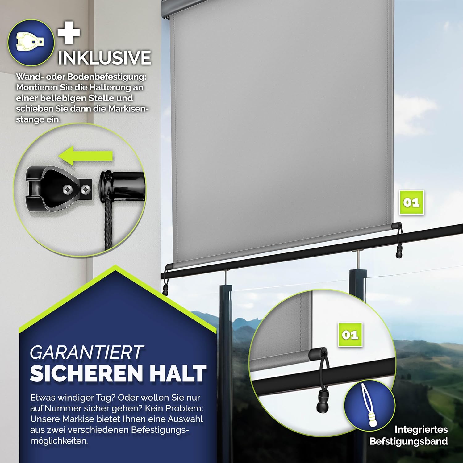 tillvex® Verticale zonwering, 200 x 250 cm, voor buiten en binnen, buitenrolgordijn, waterdicht, met handslinger, voor balkon, terras en tuin, balkonrolgordijn, zonwering van aluminium, rolgordijn met
