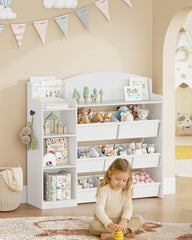 Hzuaneri KB42003W Kinderrek, houten boekenrek, speelgoedrek met 8 stoffen laden, voor kinderkamer, woonkamer, werkkamer, wit, 30 x 110 x 104 cm