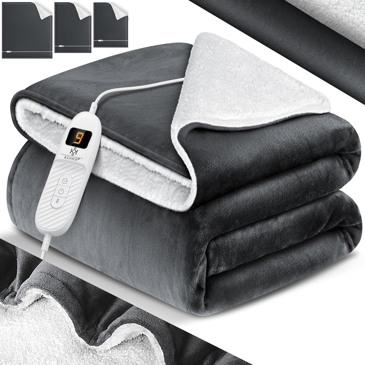 KESSER® Elektrische deken met automatische uitschakeling, 160 x 120 cm, dubbelzijdig elektrische warmtedeken, knuffeldeken, bed, bank, 9 temperatuurniveaus, wasbaar tot 40 °C, met timer, digitaal
