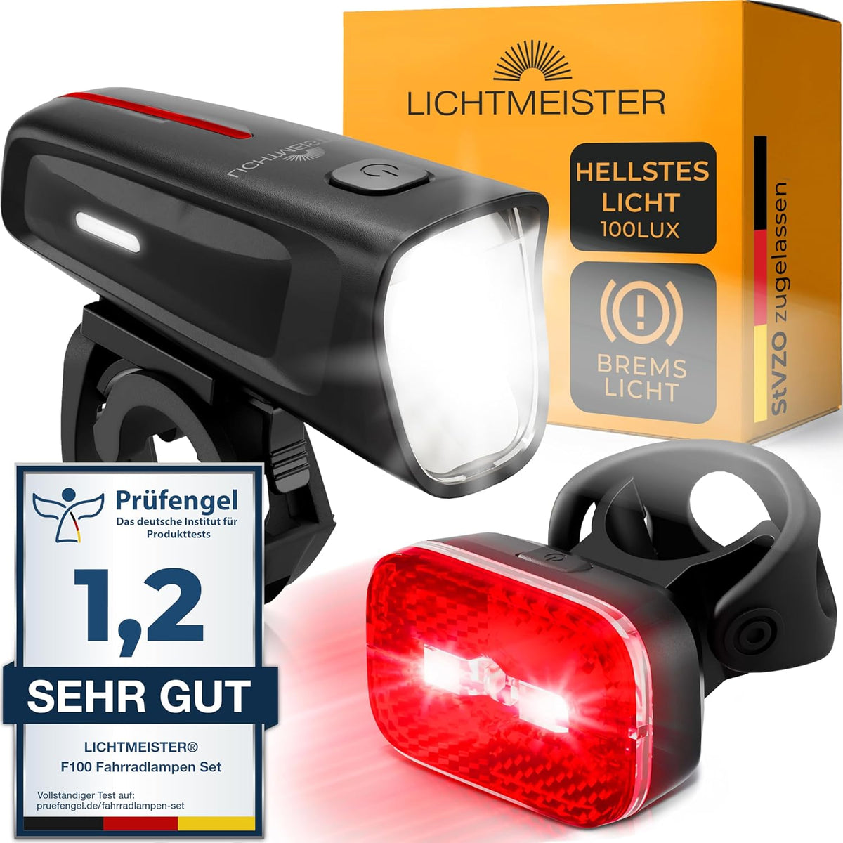 Fietslamp 100 Lux - 2000 mAh accu - met reflector en remlicht - StVZO goedgekeurd, USB-C oplaadbaar en waterdicht - fietsverlichtingsset - led-fietsverlichting - fietslicht voor •