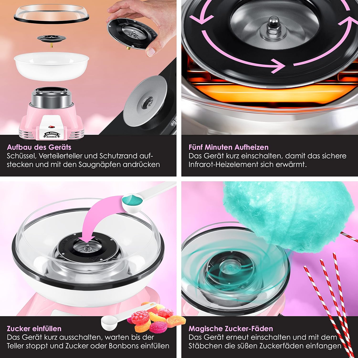 KESSER® Suikerspinmachine - Retro - 500W - Roze/Wit