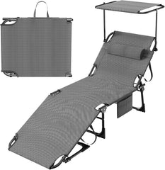Zonneligstoel, inklapbaar met dak, ligstoel, aluminium, weerbestendig, 194 x 68 x 29 cm, strandligstoel, tuinligstoel, klapstoel, zonwering, met hoofdkussen en zijvak, zwart