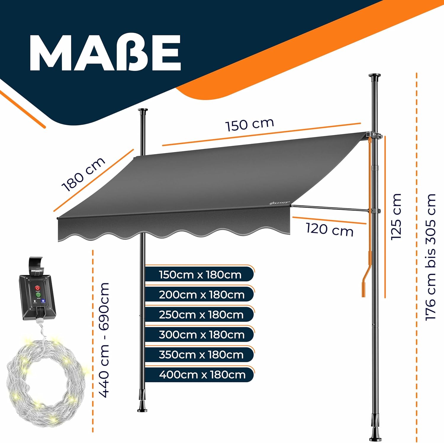 KESSER® Klemluifel met handslinger en led-lichtsnoer, balkonluifel zonder boren, luifel uv-bestendig, in hoogte verstelbaar en waterafstotend, zonwering voor balkon, terras en tuin, 300 cm