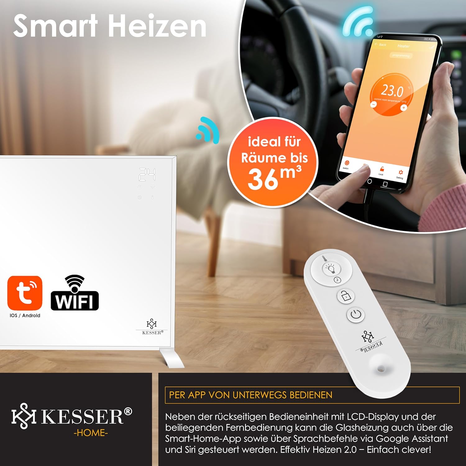 KESSER® Infraroodverwarming, energiebesparend, infrarood staand apparaat en wandmontage, elektrische verwarming, 540 W, met afstandsbediening, thermostaat en app-bediening, elektrisch