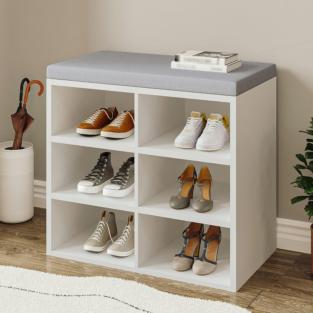 Hzuaneri SB09903X Schoenenbank met zitje, opbergbank met kussen, 6 vakken, verstelbare planken voor woonkamer, hal, slaapkamer, 30 x 60 x 52,7 cm, wit/grijs