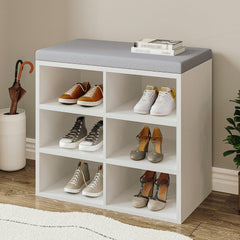Hzuaneri SB09903X Schoenenbank met zitje, opbergbank met kussen, 6 vakken, verstelbare planken voor woonkamer, hal, slaapkamer, 30 x 60 x 52,7 cm, wit/grijs