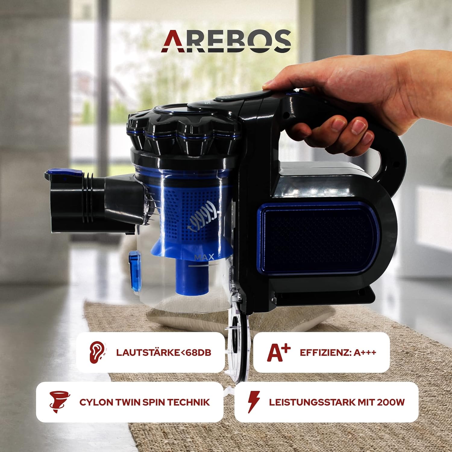 Arebos Accu-handstofzuiger, 2-in-1 hand- en vloerstofzuiger, 2 krachtige zuigmodi, zonder zak, draadloos tot 55 minuten, met wandlaadstation, blauw •