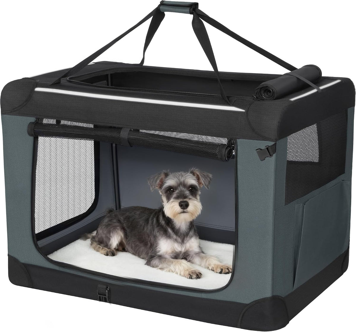 Hondenbox, opvouwbaar, draagbare en ademende 3-deurs hondentransportbox, opvouwbaar, met reflecterende versieringen en opbergtas, binnen en buiten, grijs, 106,7 x 71,2 x 71,2 cm