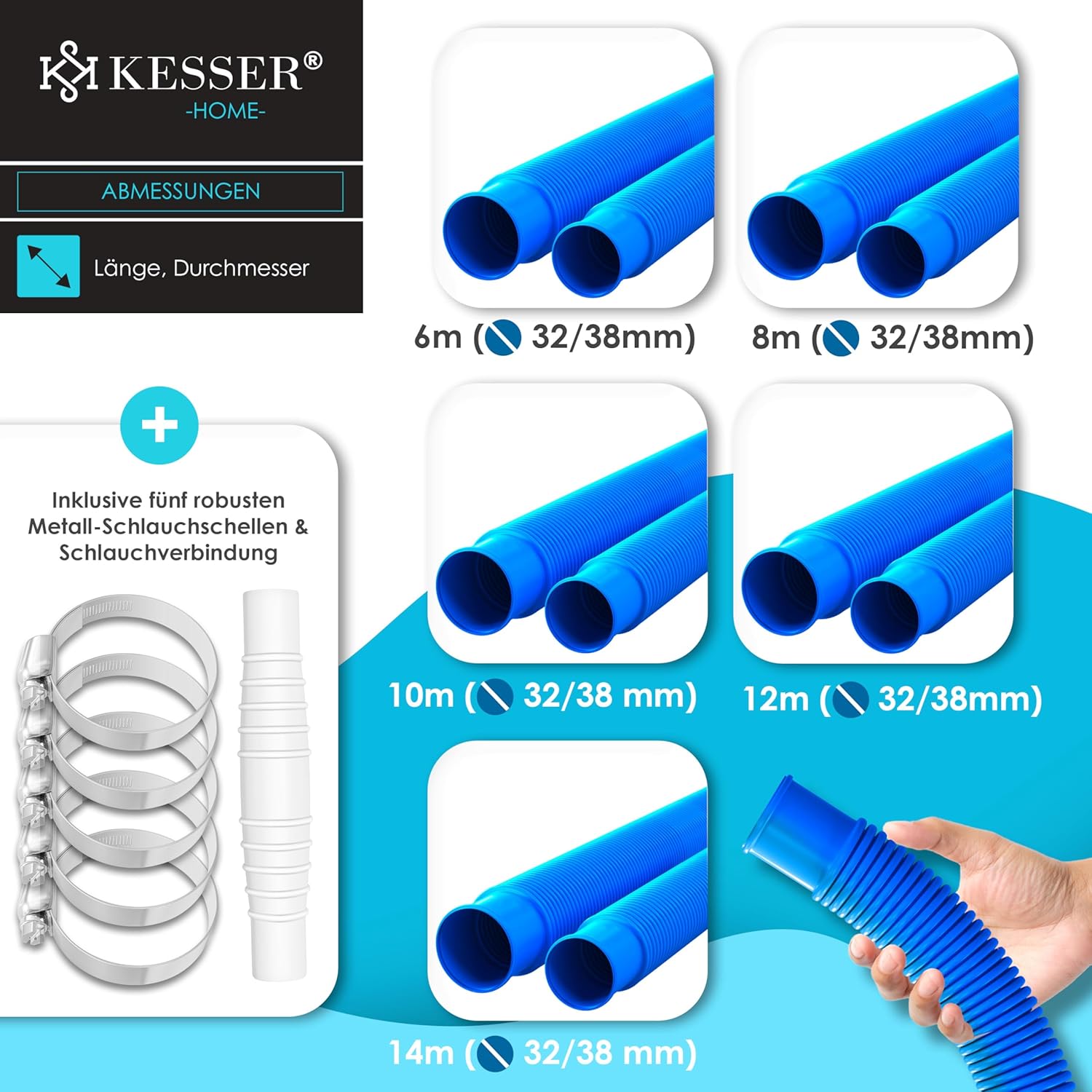 KESSER® Zwembadslang 8 m / Ø 38 mm | zwembadslang met | zonne-slang voor zwembad | zuigslang | pompslang | flexibele waterslang incl. slangklemmen en -verbinding | blauw