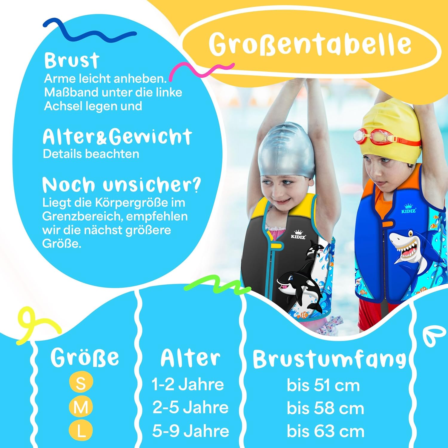 KIDIZ® Zwemvest voor kinderen - L - 5-9 jaar - Veiligheidsgordel - Antraciet