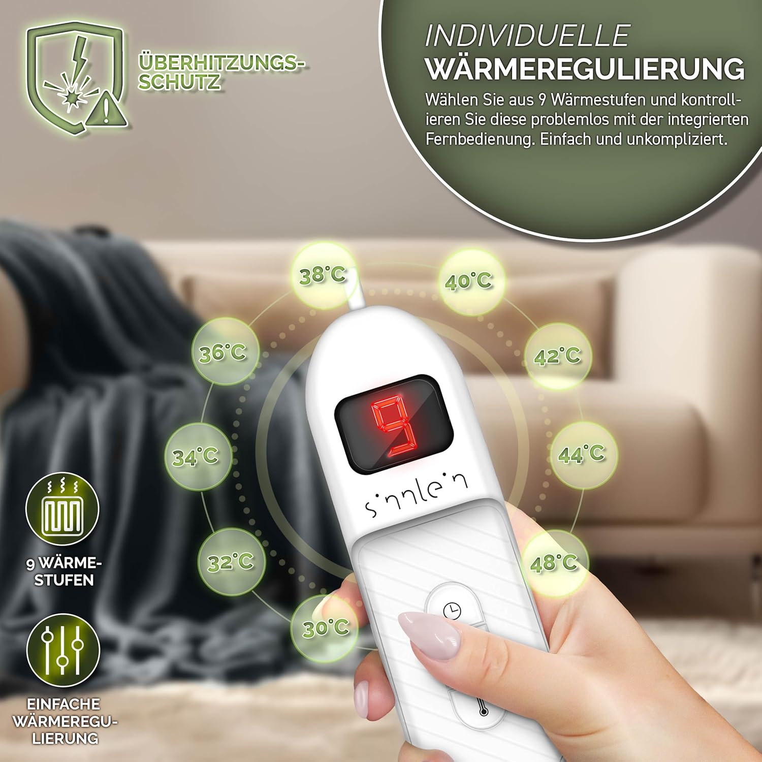 Sinnlein® Elektrische deken - Warmtedeken - 200x180cm - Grijs
