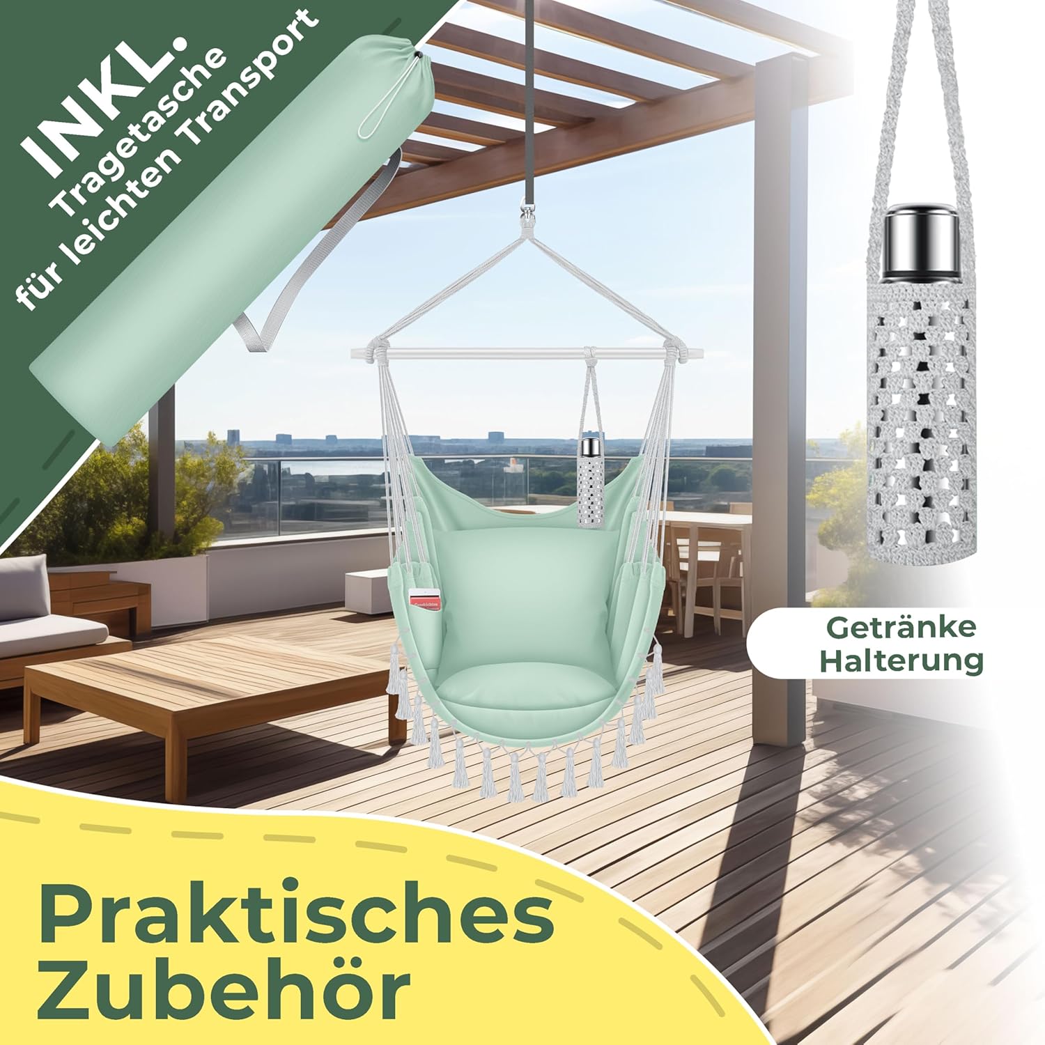 KESSER® Hangstoel Safari XXL Hangstoel voor Volwassenen en Kinderen Hangmat tot 150 kg Hangstoel Ophanging Indoor Outdoor Wonen Incl. draagtas, 2 kussens, bekerhouder & Boekenvak, Lichtgroen