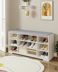 Hzuaneri Schoenenbank, schoenenrek met zitvlak, zitbank met opbergruimte, kussen, 9 vakken, 30 x 103 x 52,7 cm, verstelbare planken, voor woonkamer, hal, slaapkamer, wit-grijs SB10003X