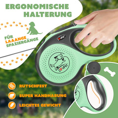 LOVPET Hondenrollijn, 5 m, hondenriem voor kleine en grote honden, 50 kg, uittrekbare lijn, ergonomische en antislip handgreep, jogginglijn, 360 graden lijnverlenging, looplijn, reflecterende mazen