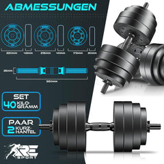 Dumbells set - Gewichten set - Halterset - Verstelbaar - 40 kg - Zwart - RE:SPORT