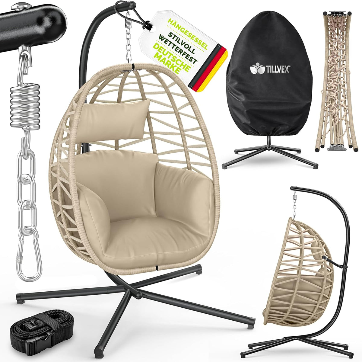 tillvex® Hangstoel met frame, outdoor en weerbestendige afdekking incl. bevestiging, hangmand inklapbaar tot 150 kg, hangstoel van rotan, hangstoel voor binnen, tuin, balkon, terras (taupe)