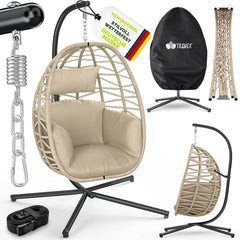 tillvex® Hangstoel met frame, outdoor en weerbestendige afdekking incl. bevestiging, hangmand inklapbaar tot 150 kg, hangstoel van rotan, hangstoel voor binnen, tuin, balkon, terras (taupe)